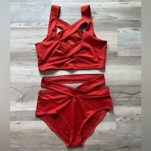 Rust High-Waisted Cutout Bikini Set – Strappy Crisscross Top & Bottom (Size M)